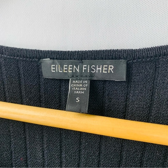 Eileen Fisher Wool Scoop Neck Pleated Ribbed Fit Flare 7/8 Sleeve Dress Black - Picture 5 of 11